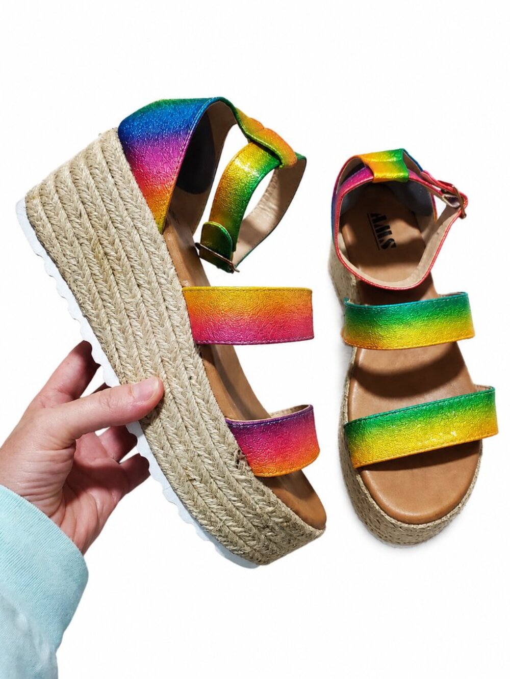 AMS Rainbow Espadrille Wedge Sandals Multi-Color Sparkle Sz 8.5 Platform Pride